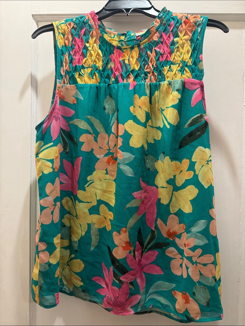 Daniel Rainn Teal Floral Smocked Tank with Yellow & Pink Accents